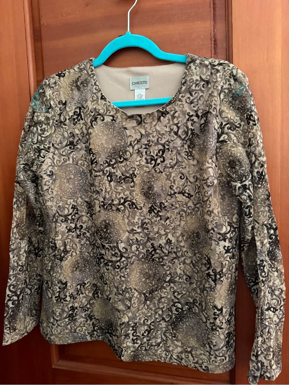 Chico's Metallic Gold and Black Long-Sleeve Patterned Top